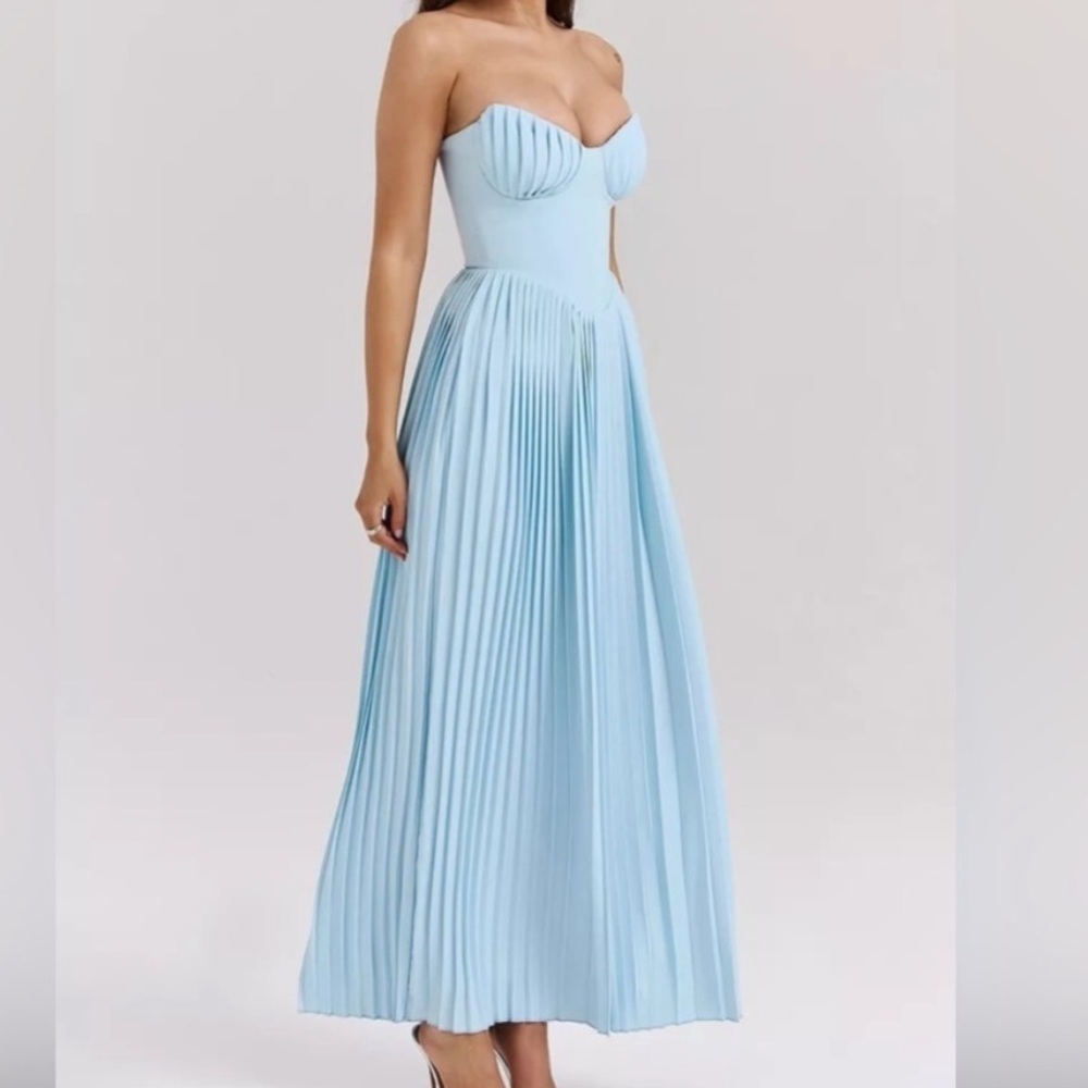 House of CB Powder Blue Strapless Pleated Maxi Dress